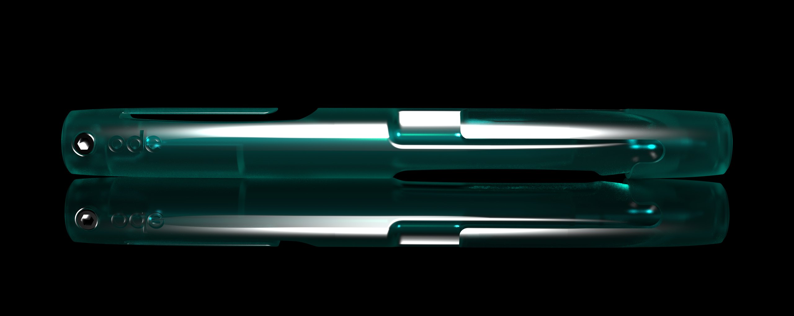 Close-up of the pen's end: the clip, the hex screw and the ode wordmark