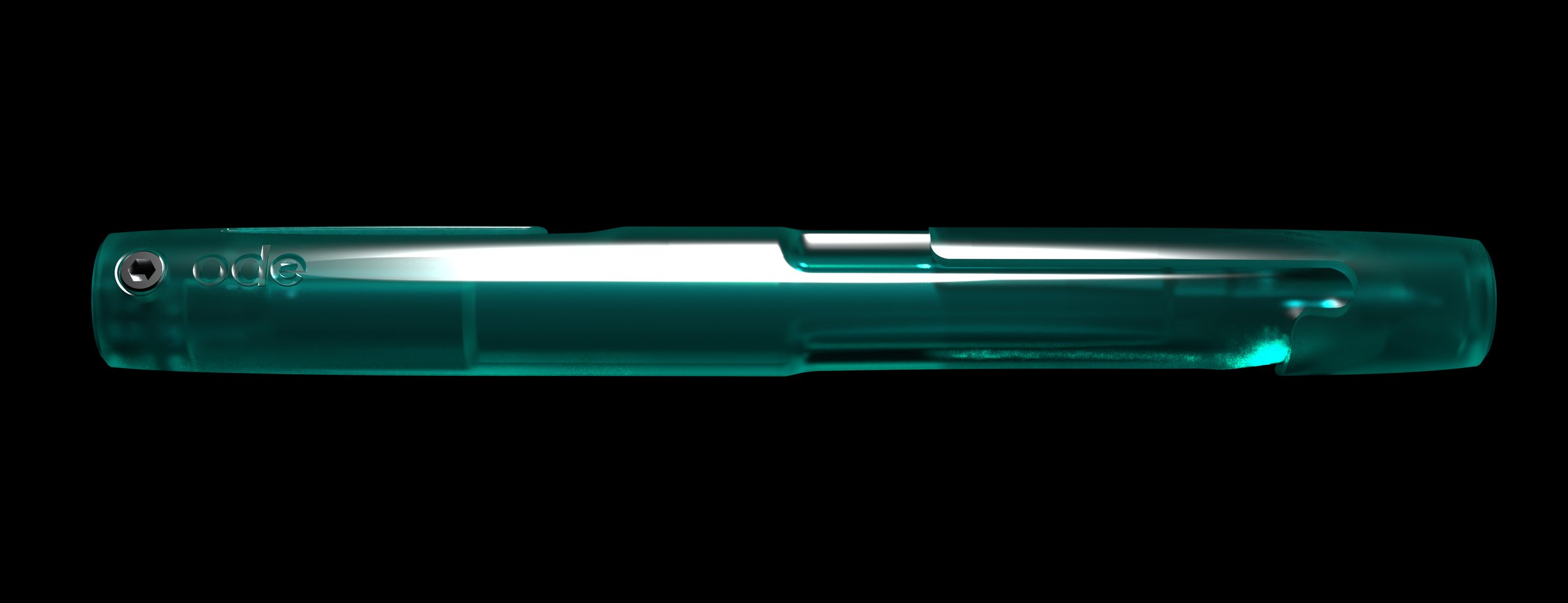 The Ode Pen in emerald resin, side on, light passing through the body