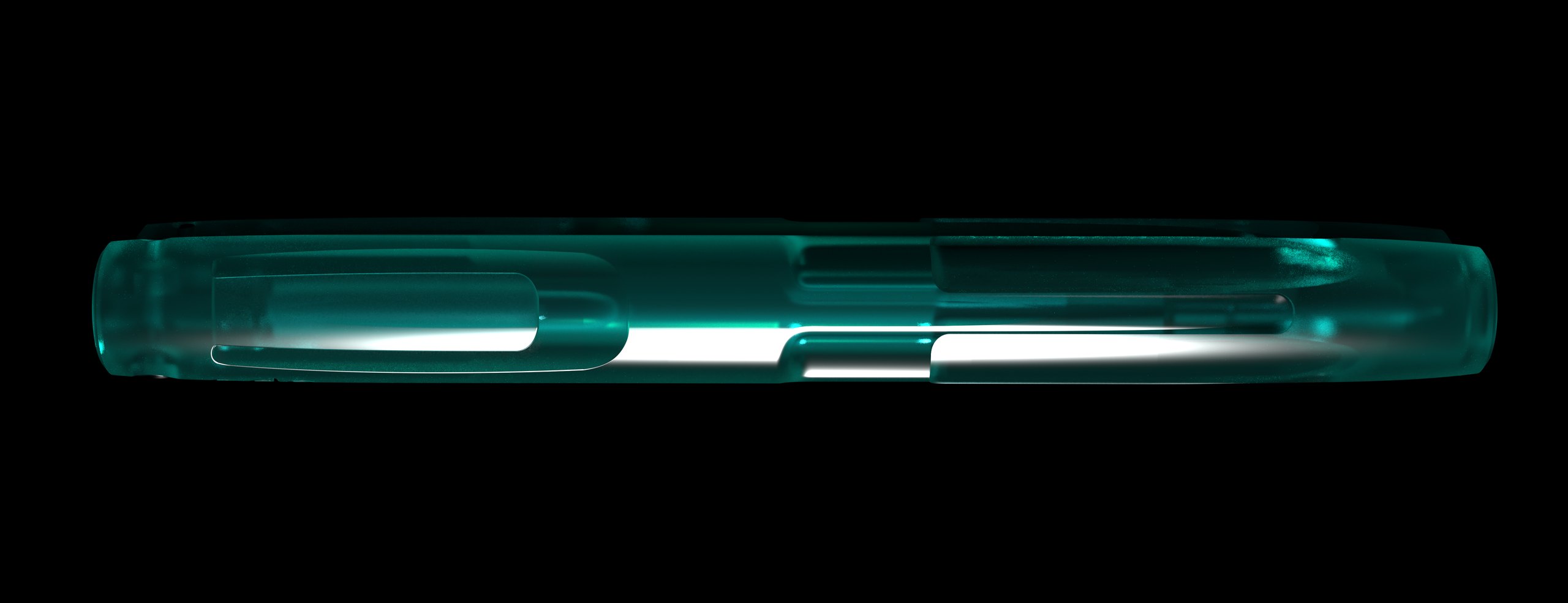 The Ode Pen from the grip side, light passing through the emerald resin